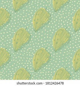 Yellow contoured abstract leaves seamless pattern. Doodle foliage on light blue background with dots. Decorative backdrop for wallpaper, textile, wrapping paper, fabric print. Vector illustration.