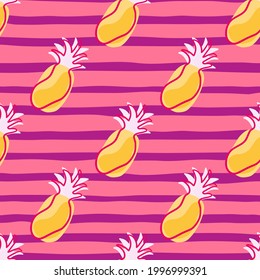 Yellow contoured seamless pattern with doodle pineapples shapes. Pink striped background. Simple style. Decorative backdrop for fabric design, textile print, wrapping, cover. Vector illustration.