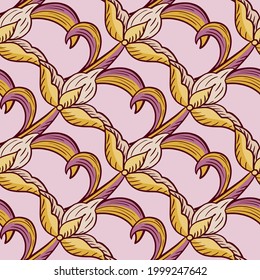 Yellow contoured tulip flowers seamless doodle pattern. Light pink background. Vintage ornament. Graphic design for wrapping paper and fabric textures. Vector Illustration.