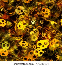 Yellow contrast background of twisted wavy lines and stylized skulls. Like smoke and ghosts. Abstract seamless vector pattern for for Halloween, fabrics, printing, book covers, home design