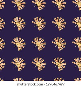 Yellow contrast seamless pattern with folk licuala palm ornament on navy blue background. Decorative backdrop for fabric design, textile print, wrapping, cover. Vector illustration.