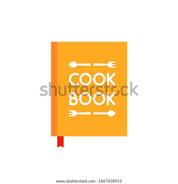 yellow cook book with red bookmark. concept of\
culinary training or easy tutorial for restaurant chef. flat\
cartoon modern cookbook logotype graphic minimal design isolated on\
white background