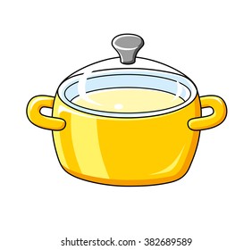 Yellow cooking pot with soup.