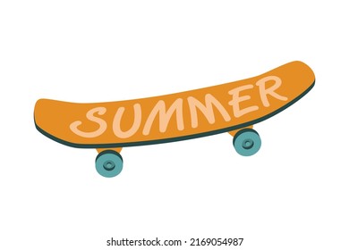 Yellow cool skateboard, longboard, pennyboard with inscription Summer isolated on white background. Vector Icon. Flat cartoon illustration, clipart.