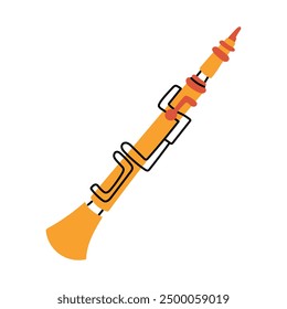 yellow copper flute in a flat style. Wind musical instrument for solo, orchestra, jazz use. An isolated shiny tool. Flat vector illustration highlighted on a white background