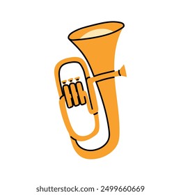 Yellow copper pipe in a flat style. Wind musical instrument for solo, orchestra, jazz use. An isolated shiny tool. Flat vector illustration highlighted on a white background