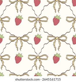 Yellow coquette bows and strawberries seamless pattern. Perfect for Prints, Wrapping Paper, Wallpaper, Textiles, Stationery, and Fabric