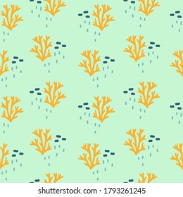 Yellow coral and cute elements hand drawn seamless pattern on green background for fashion print, wrapping paper and wallpaper