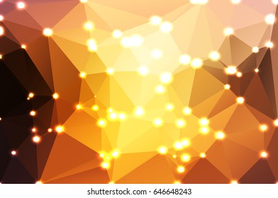 Yellow coral pink black abstract low poly geometric background with defocused lights