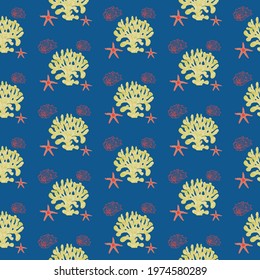Yellow corals and orange starfish, and conch shells in red lines.   Designed in seamless repeat pattern, ready for printing on fabric, wall paper or children's bedding products. 