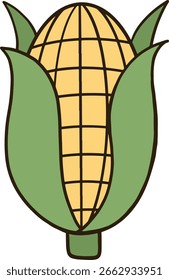 Dibujos animados de maíz amarillo con envoltura verde en el exterior