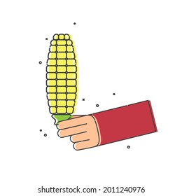 Yellow corn cob in human hand on white background. Organic vegetable for eating. Flat illustration on white background. Line art style. Outline image. An image for the design of restaurants and cafes
