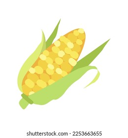 Icono de mazorca de maíz amarillo con hojas verdes. Logo de maíz. Hortalizas de granja. Comida orgánica. Ilustración vectorial plana de alimentos vegetarianos sanos aislados en fondo blanco