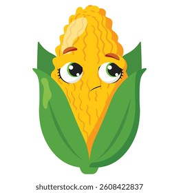 Yellow corn with green husk and expressive eyes, perfect for food designs, farm market ads, organic packaging, or vegetarian content