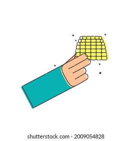 Maíz amarillo en mano humana sobre fondo blanco. Hortalizas orgánicas para comer. Ilustración plana sobre fondo blanco. Estilo de arte de línea. Imagen de contorno. Una imagen para el diseño de restaurantes y cafés.
