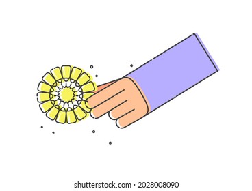 Maíz amarillo en mano humana sobre fondo blanco. Hortalizas orgánicas para comer. Ilustración plana sobre fondo blanco. Estilo de arte de línea. Imagen de contorno. Una imagen para el diseño de restaurantes y cafés.
