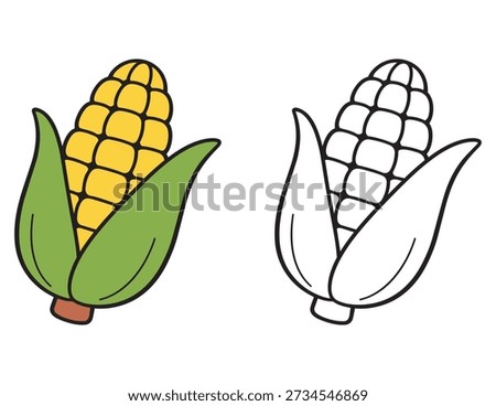 Yellow Corn on the Cob Coloring Page for Kids. Isolated  Color and Black and White Outline for Kids' Activity Books.