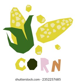 Yellow corn, whole and peeled, is highlighted on a white background. The original signature is corn. Products from the farmer's market, organic food. Geometric stylized flat vector illustration