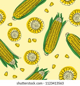 Yellow corncobs with green leaves seamless pattern. Ripe corn vegetables. Vector illustration.
