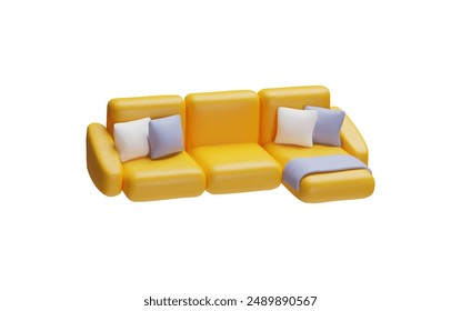 Yellow corner sofa with pillows 3D plastic style icon. Realistic leather couch. Vector render illustration isolated on white background. Volumetric lounge furniture, cozy interior design element