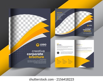 yellow corporate company business bifold brochure and cover layout concept design with creative shapes