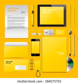 Yellow Corporate ID mockup. Consist of business cards, cd disk, notepad, pen, envelope, badge, stationery, usb flash drive, folder, tablet, smart phone, blank. Vector illustration. 