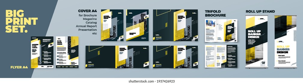 Yellow Corporate Identity Print Template Set of Brochure cover, flyer, tri fold, report, catalog, roll up banner. Branding design in Biege colors. Business stationery background design collection