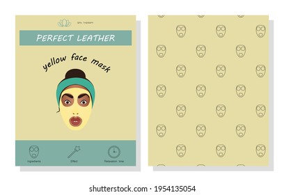 Yellow cosmetic face mask. Cosmetics packaging design. The face of a smiling girl in a mask. Seamless scalable face mask pattern.