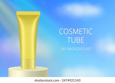 Yellow cosmetic tube on a podium. Realistic mockup. Ointment or salve. Gel serum. Korean packaging. Sky, clouds, rays of light and rainbow