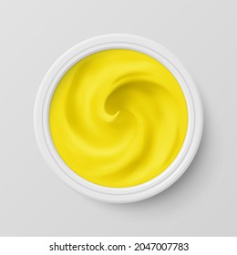 Yellow Cosmetics Cream in Package Container Top View. Cosmetic Product for Care to Skin Face. Applicable for Dairy