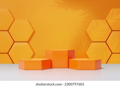 Yellow cosmetics podium with honeycomb. 3d vector realistic platform or pedestal for products presentation in studio. Background with hexagon display for showing honey product. Minimalist stand mockup