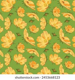 Yellow cosmic flowers blooming on a green background. Floral seamless pattern with yellow flowers. Vector background for fabric, wallpaper, decoration, textile, wrapping paper.