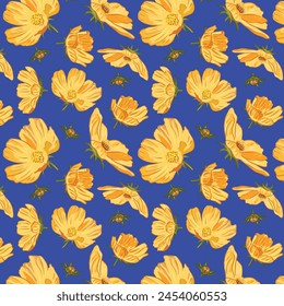 Yellow cosmic flowers blooming on a blue background. Floral seamless pattern with yellow flowers. Vector background for fabric, wallpaper, decoration, textile, wrapping paper.