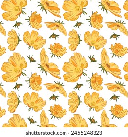 Yellow cosmic flowers blooming on a white background. Floral seamless pattern with yellow flowers. Vector background for fabric, wallpaper, decoration, textile, wrapping paper.