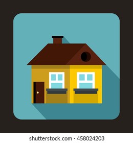 Yellow cottage icon in flat style on a baby blue background