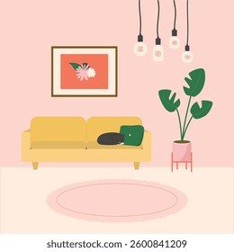 Yellow couch and pink wallpaper in the living room