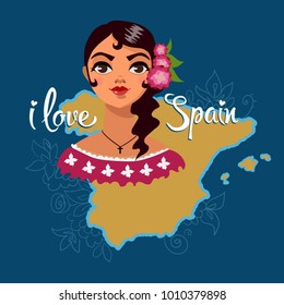 Yellow country map on a blue background. Girl on the background of the map of spain. Sticker on the wall in cartoon style. Spanish with a rose. Spanish woman on the map