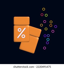 Yellow coupon 3d, discount, gift voucher, ticket with promo code. Percentage sign on a flying coupon, loyalty program holiday sale. Lucky lucrative bonus, win or free. Vector, advertising banner.