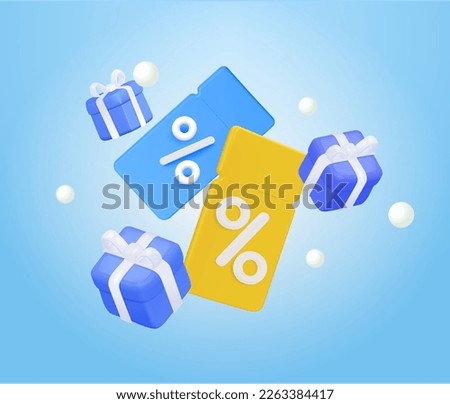 Yellow coupons, blue vouchers have a percentage sign with gift boxes. Benefits coupon in present box, benefit shopping holiday surprise bonus offer discount voucher. 3d vector illustration