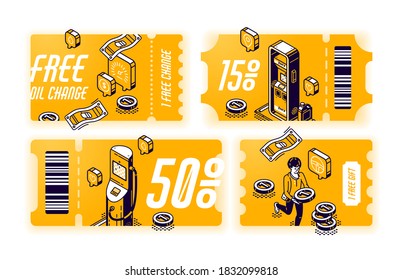 Yellow coupons for free oil change, vouchers with gift or discount for car service. Vector set of certificates with isometric illustration of gas station. Tickets with offer for vehicle maintenance svg