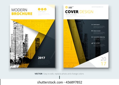 Yellow cover design for brochure. Creative poster, booklet, leaflet or flyer concept. Corporate business template for report, catalog, magazine. Layout with modern flat ribbons and urban style photo.