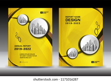 Yellow Cover template With city landscape, Annual report cover design, Business brochure flyer template, advertisement, company profile, magazine ads, book, poster,, vector layout, A4 size