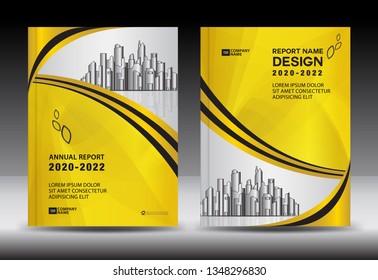 Yellow Cover template With city landscape, Annual report cover design, Business brochure flyer template, advertisement, company profile, magazine ads, book, poster, infographics, vector layout, A4