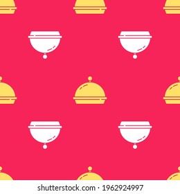 Yellow Covered with a tray of food icon isolated seamless pattern on red background. Tray and lid. Restaurant cloche with lid. Kitchenware symbol.  Vector