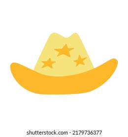 Yellow cowboy hat with stars. Hand drawn vector flat illustration on isolated background. Cowgirl accessory in disco party concept