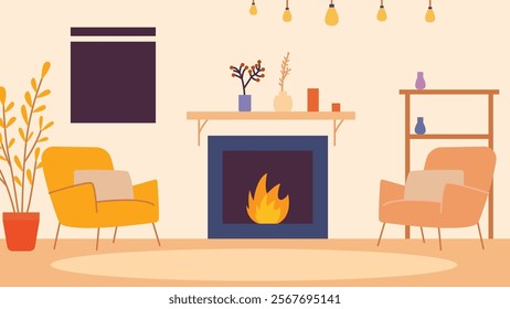 Yellow Cozy Living Room Interior Landscape Illustration with Armchair and Bonfire