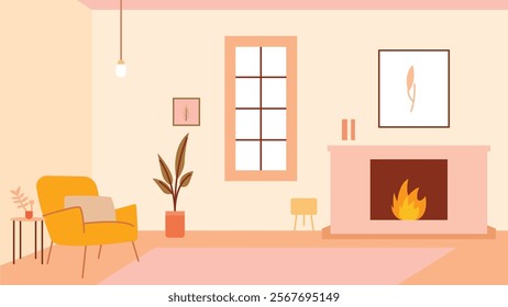 Yellow Cozy Living Room Interior Landscape Illustration with Armchair and Bonfire