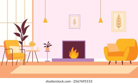 Yellow Cozy Living Room Interior Landscape Illustration with Armchair and Bonfire