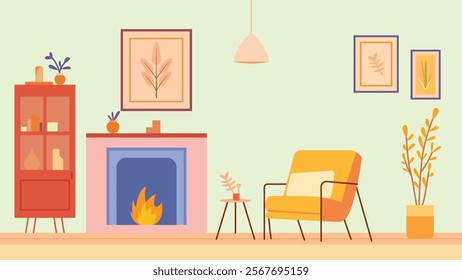 Yellow Cozy Living Room Interior Landscape Illustration with Armchair and Bonfire