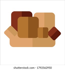 Sofá amarillo y acogedor con almohadas rojas sobre fondo blanco.Ilustración vectorial de estilo plano. Plantilla para logotipo, infografía, publicación en redes sociales, presentación, material educativo. EPS 10